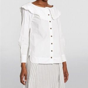 GANNI Boat Neck Collar Poplin Shirt in White Sz 36